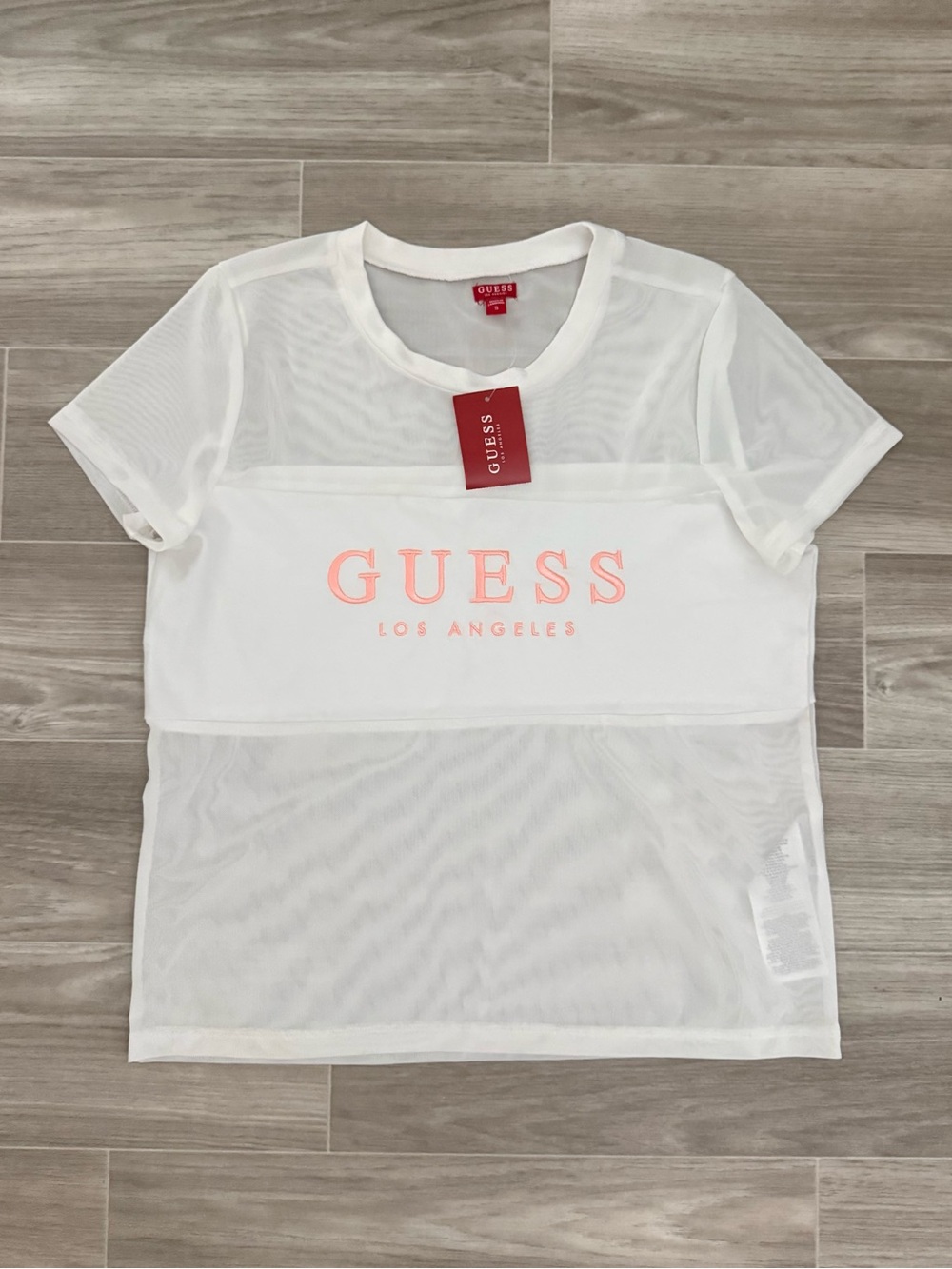 GUESS White Mesh Short-Sleeve Tee with Coral Logo